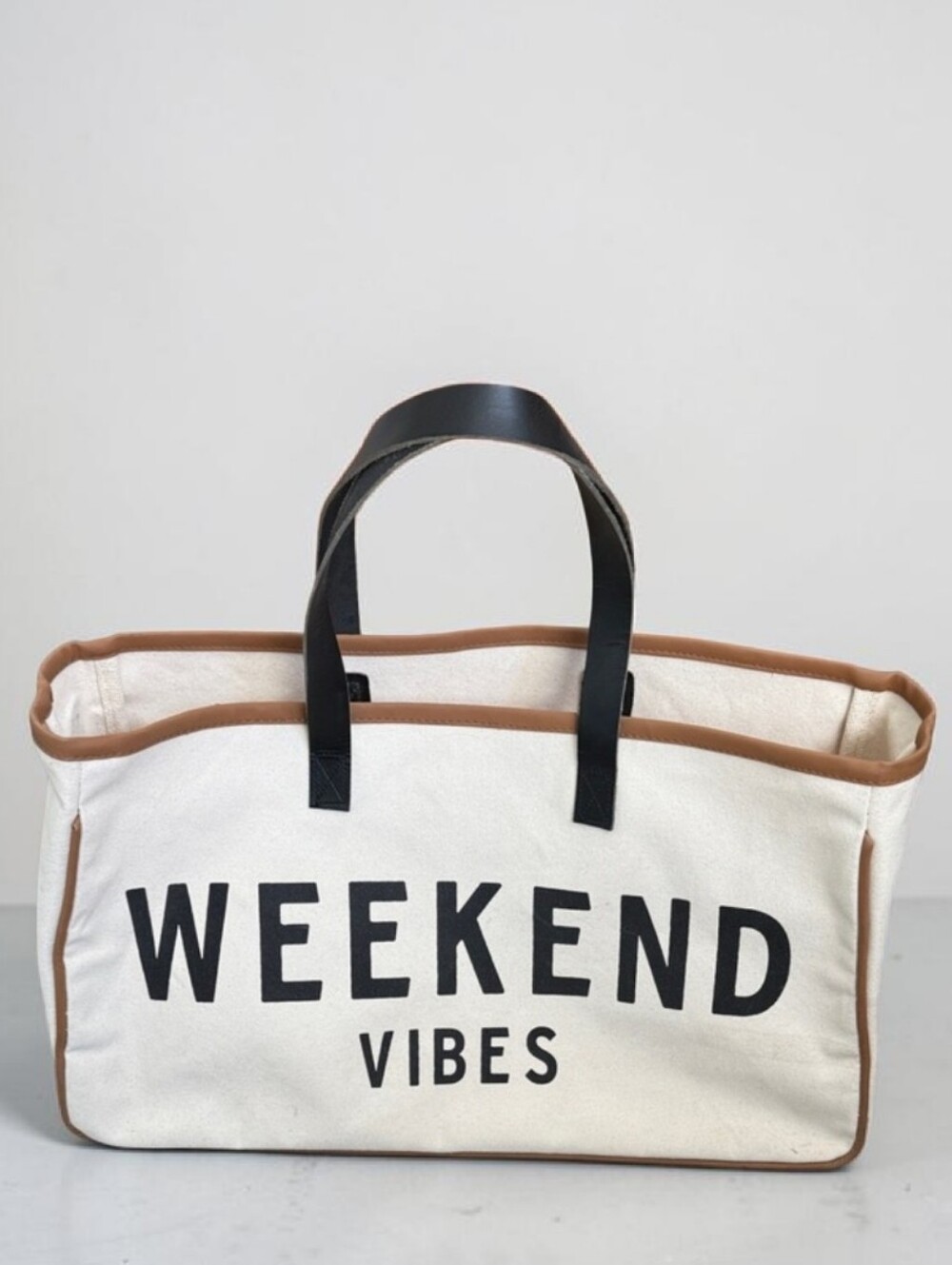 Weekend Vibes Canvas Tote Bag - Cream with Brown Trim